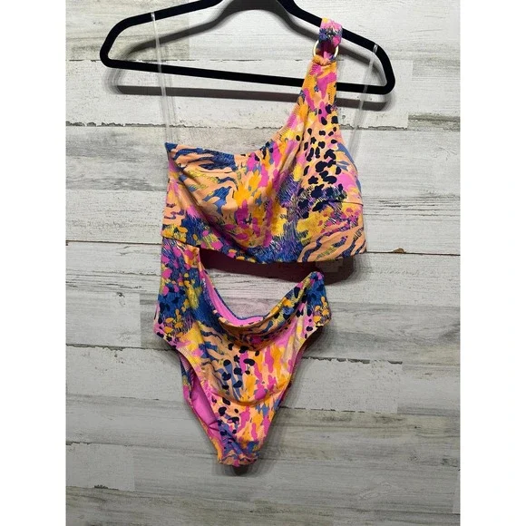 Jessica Simpson Women XL Lip Gloss Pink Abstract One Shoulder Swimsuit NWT - Picture 1 of 4